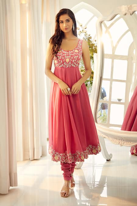 Shop Aariyana Couture Coral Viscose, Modal, Organza Embroidery Scoop Neck Anarkali Set Online at Aza Fashions Shop_Aariyana Couture_Coral Viscose, Modal, Organza Embroidery Scoop Neck Anarkali Set_Online_at_Aza_Fashions