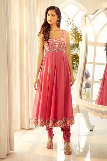 Shop Aariyana Couture Coral Viscose, Modal, Organza Embroidery Scoop Neck Anarkali Set Shop_Aariyana Couture_Coral Viscose, Modal, Organza Embroidery Scoop Neck Anarkali Set