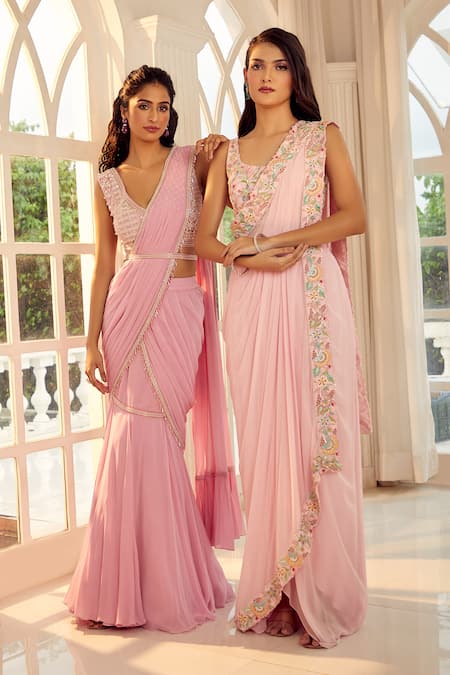Shop_Aariyana Couture_Pink Net, Viscose Embroidery, Tassels Plunge Bubblegum Pre-draped Lehenga Saree _Online_at_Aza_Fashions