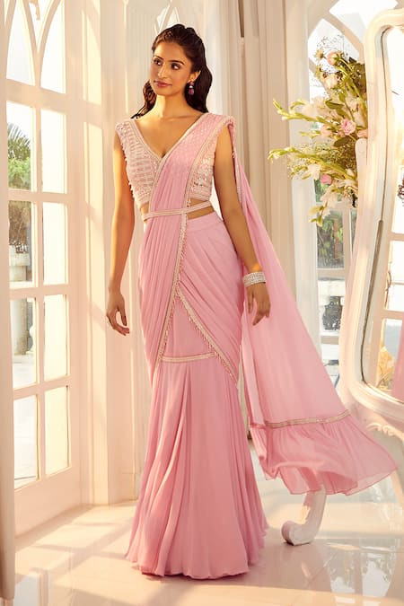 Buy_Aariyana Couture_Pink Net, Viscose Embroidery, Tassels Plunge Bubblegum Pre-draped Lehenga Saree 
