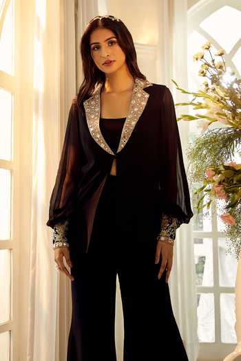 Shop Aariyana Couture Black Georgette Mirrors, Cut Work Open Embroidered Jacket And Bell Bottom Pant Set Shop_Aariyana Couture_Black Georgette Mirrors, Cut Work Open Embroidered Jacket And Bell Bottom Pant Set