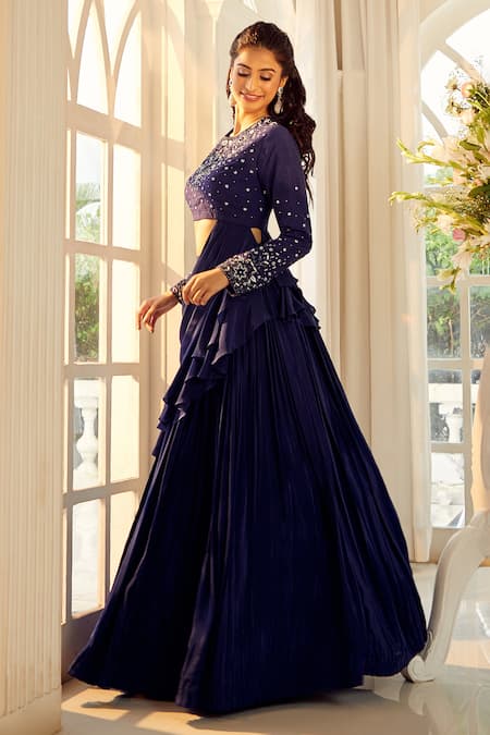 Buy_Ariyana By Aza_Blue Silk, Viscose Sequins, Embroidery Round Navy Pleated Lehenga And Blouse _Online_at_Aza_Fashions