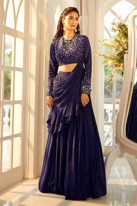 Ariyana By Aza_Blue Silk, Viscose Sequins, Embroidery Round Navy Pleated Lehenga And Blouse _at_Aza_Fashions