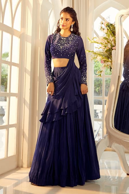 Buy_Ariyana By Aza_Blue Silk, Viscose Sequins, Embroidery Round Navy Pleated Lehenga And Blouse 