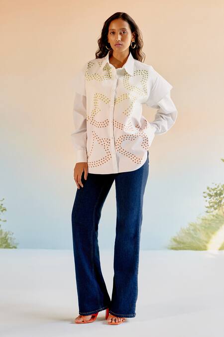 Echostudio_White Cotton Poplin Cutwork Floral Collar Designer Shirt _Online_at_Aza_Fashions
