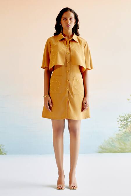 Buy_Echostudio_Yellow Imported Crepe Cutwork Floral Collar Dress _Online_at_Aza_Fashions