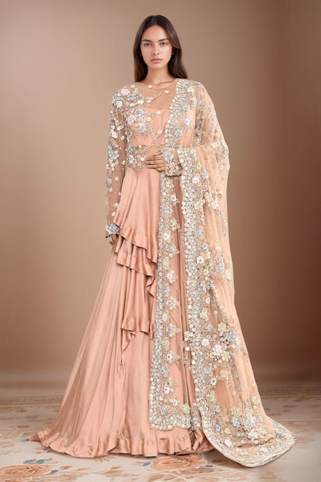 Kalighata Ginger Floral Sequin Embroidered Sheer Gown With Dupatta 