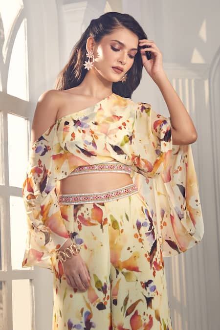 Buy_Aariyana Couture_Multi Color Viscose, Georgette Abstract Floral Print Crop Top And Palazzo Set_Online_at_Aza_Fashions