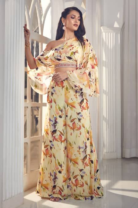 Shop_Aariyana Couture_Multi Color Viscose, Georgette Abstract Floral Print Crop Top And Palazzo Set_Online_at_Aza_Fashions