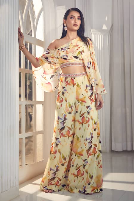 Aariyana Couture_Multi Color Viscose, Georgette Abstract Floral Print Crop Top And Palazzo Set_at_Aza_Fashions