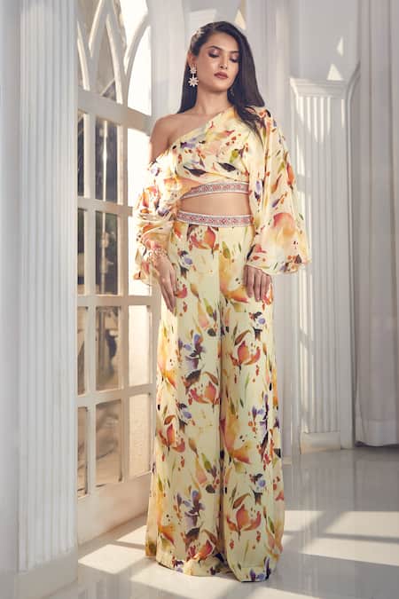 Buy_Aariyana Couture_Multi Color Viscose, Georgette Abstract Floral Print Crop Top And Palazzo Set