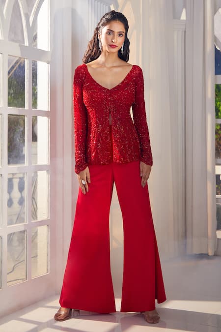 Aariyana Couture_Red Satin, Tulle Cut Work Plunge Neck Hand Embroidered Jacket Sharara Set _at_Aza_Fashions