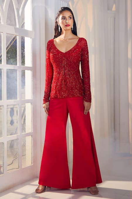 Shop_Aariyana Couture_Red Satin, Tulle Cut Work Plunge Neck Hand Embroidered Jacket Sharara Set 
