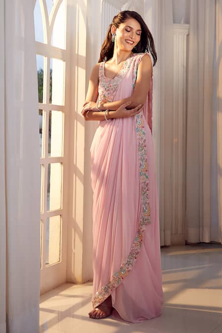 Shop_Aariyana Couture_Pink Polyester Embroidery Scoop Neck Floral Pre-draped Saree Set