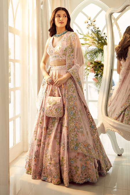 Aariyana Couture_Pink Silk Satin, Tulle, Organza Sequins, Embroidery V-neck Bridal Lehenga Set_Online_at_Aza_Fashions