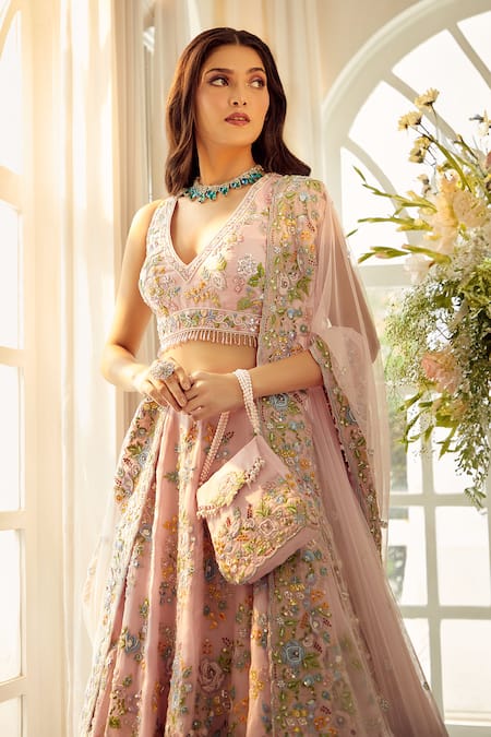 Buy_Aariyana Couture_Pink Silk Satin, Tulle, Organza Sequins, Embroidery V-neck Bridal Lehenga Set_Online_at_Aza_Fashions