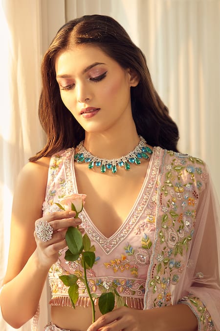 Shop_Aariyana Couture_Pink Silk Satin, Tulle, Organza Sequins, Embroidery V-neck Bridal Lehenga Set_Online_at_Aza_Fashions