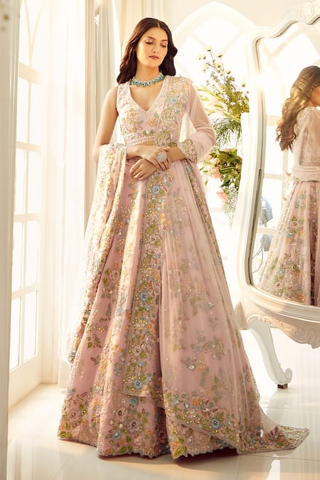 Buy_Aariyana Couture_Pink Silk Satin, Tulle, Organza Sequins, Embroidery V-neck Bridal Lehenga Set