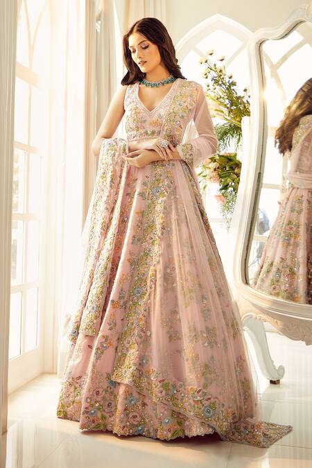 Shop_Aariyana Couture_Pink Silk Satin, Tulle, Organza Sequins, Embroidery V-neck Bridal Lehenga Set