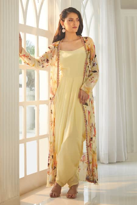 Aariyana Couture Pastel Yellow Jumpsuit & Floral Jacket Set 