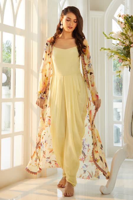 Shop Aariyana Couture Multi Color Viscose Embroidery Round Pastel Yellow Jumpsuit And Floral Jacket Set Online at Aza Fashions Shop_Aariyana Couture_Multi Color Viscose Embroidery Round Pastel Yellow Jumpsuit And Floral Jacket Set _Online_at_Aza_Fashions