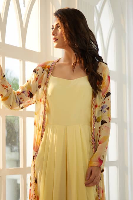 Aariyana Couture Multi Color Viscose Embroidery Round Pastel Yellow Jumpsuit And Floral Jacket Set at Aza Fashions Aariyana Couture_Multi Color Viscose Embroidery Round Pastel Yellow Jumpsuit And Floral Jacket Set _at_Aza_Fashions