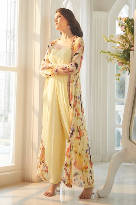 Buy Aariyana Couture Multi Color Viscose Embroidery Round Pastel Yellow Jumpsuit And Floral Jacket Set Buy_Aariyana Couture_Multi Color Viscose Embroidery Round Pastel Yellow Jumpsuit And Floral Jacket Set