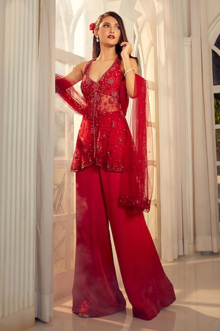 Shop_Aariyana Couture_Red Tulle, Modal, Satin Embroidery Plunge Neck Floral Hand Kurta Set 
