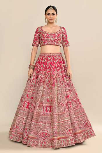 Kalighata Pink Silk, Chiffon, Net Cut Work, Sequins Floral Embroidered Bridal Lehenga Set  7