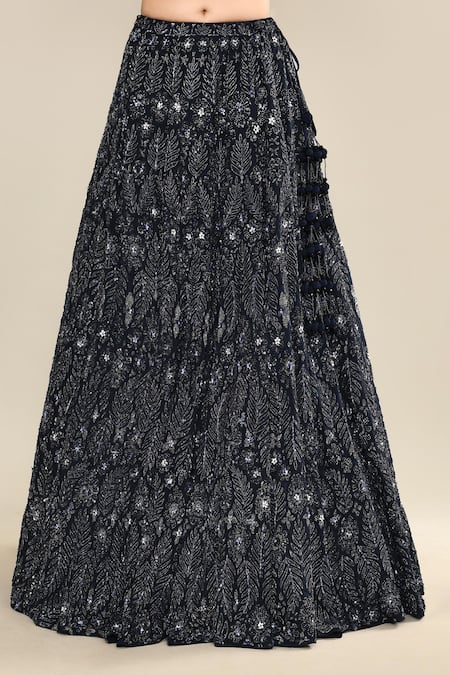 Buy_Kalighata_Navy Organza Sequins, Embroidery, Cut Work Scoop Neck Blue Hand Lehenga Set 