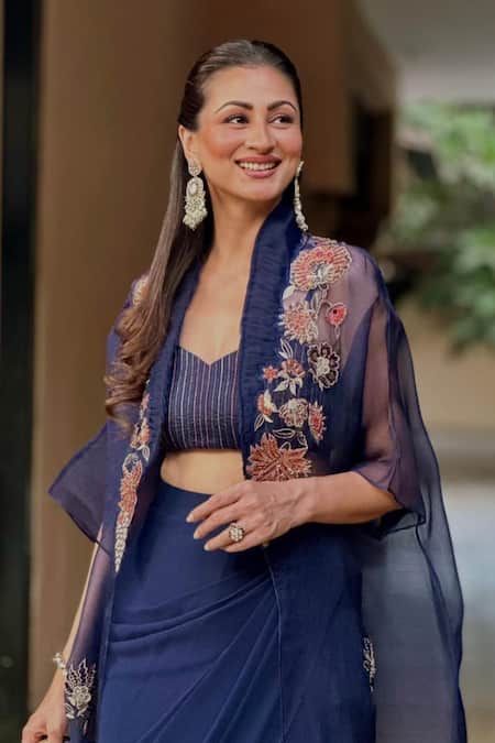 Shreeka_Blue Viscose, Silk Organza Floral Dabka Embroidered Cape Draped Skirt Set _at_Aza_Fashions