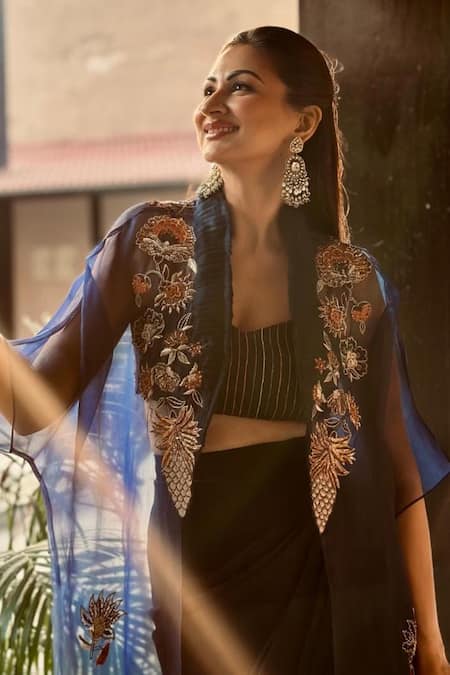 Buy_Shreeka_Blue Viscose, Silk Organza Floral Dabka Embroidered Cape Draped Skirt Set 