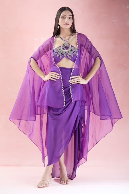 The Pink Penguin by Charmy Beads Embroidered Asymmetric Cape & Draped Skirt Set For Kids