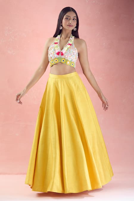 The Pink Penguin by Charmy Sea Shell Embroidered Halter Neck Choli With Lehenga For Kids