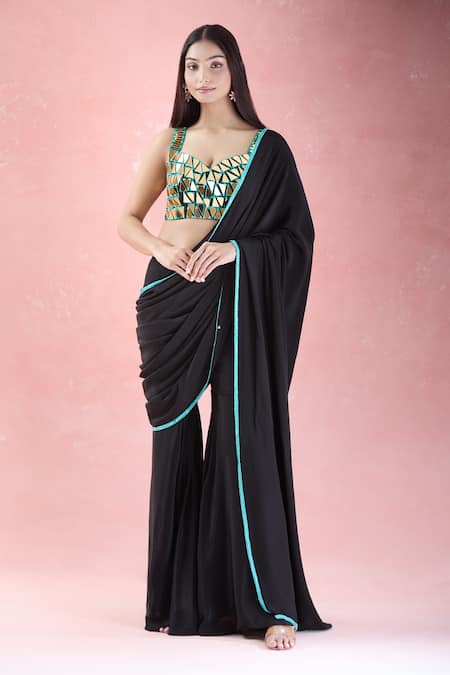 The Pink Penguin by Charmy Black Crepe Embroidery Mirror Sweetheart Pant Saree With Blouse 