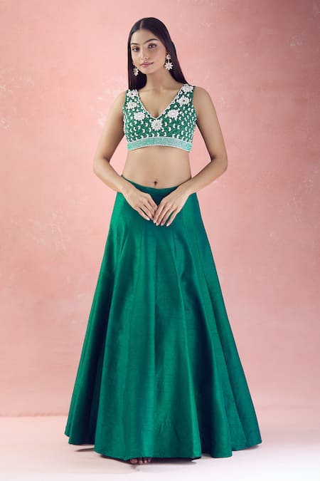 The Pink Penguin by Charmy Green Georgette Embroidery Mirror V-neck Bandhani Choli With Kalidar Lehenga 