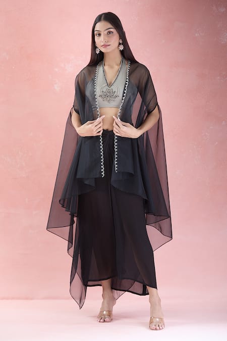 The Pink Penguin by Charmy Lotus Embroidered Asymmetric Cape & Draped Skirt Set 