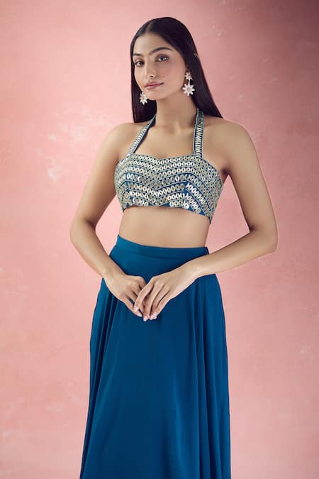 Shop_The Pink Penguin By Charmy_Blue Chiffon Beads, Zari Halter Neck Metallic Embroidered Choli With Lehenga 