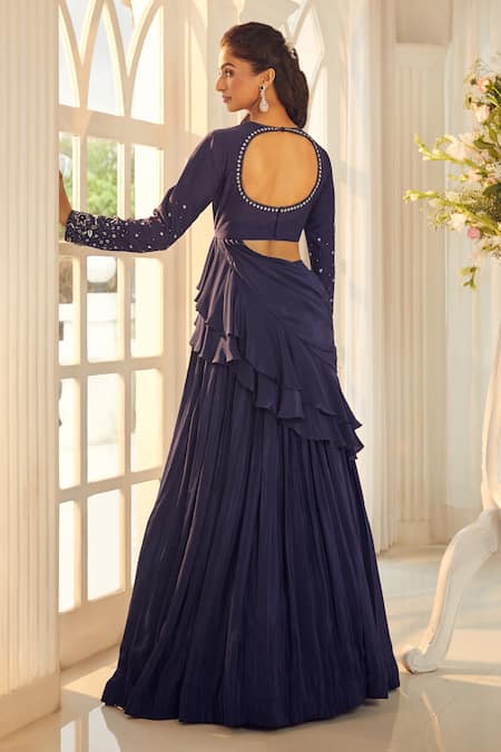 Ariyana By Aza_Blue Silk, Viscose Sequins, Embroidery Round Navy Pleated Lehenga And Blouse _Online_at_Aza_Fashions