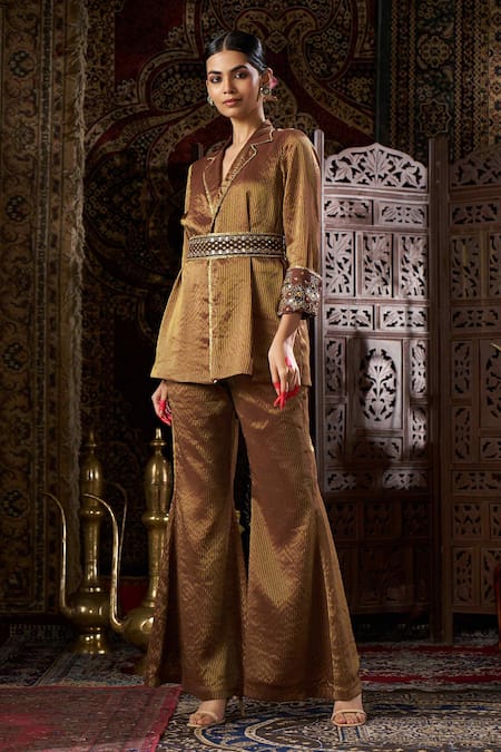 17:17 By Simmi Saboo Brown Shimmer Embroidery Notched Lapel Cuff Blazer And Pant Set Online at Aza Fashions 17:17 By Simmi Saboo_Brown Shimmer Embroidery Notched Lapel Cuff Blazer And Pant Set _Online_at_Aza_Fashions