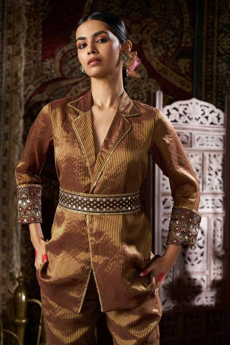 Buy 17:17 By Simmi Saboo Brown Shimmer Embroidery Notched Lapel Cuff Blazer And Pant Set Online at Aza Fashions Buy_17:17 By Simmi Saboo_Brown Shimmer Embroidery Notched Lapel Cuff Blazer And Pant Set _Online_at_Aza_Fashions