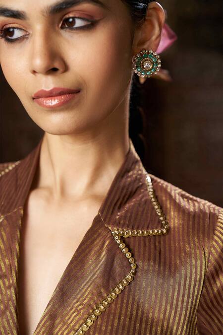 17:17 By Simmi Saboo Brown Shimmer Embroidery Notched Lapel Cuff Blazer And Pant Set at Aza Fashions 17:17 By Simmi Saboo_Brown Shimmer Embroidery Notched Lapel Cuff Blazer And Pant Set _at_Aza_Fashions