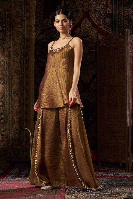 Buy 17:17 By Simmi Saboo Brown Shimmer Embellished Round Shell Peplum Kurta Set Buy_17:17 By Simmi Saboo_Brown Shimmer Embellished Round Shell Peplum Kurta Set