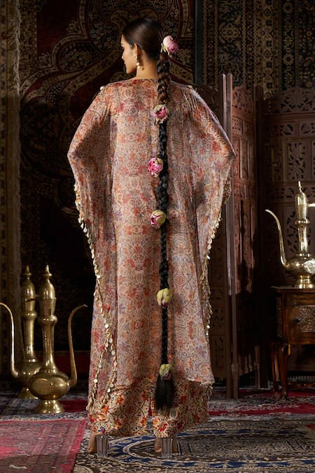 Shop 17:17 By Simmi Saboo Beige Liquid Organza Printed Floral V Neck Kaftan Pant Set at Aza Fashions Shop_17:17 By Simmi Saboo_Beige Liquid Organza Printed Floral V Neck Kaftan Pant Set _at_Aza_Fashions