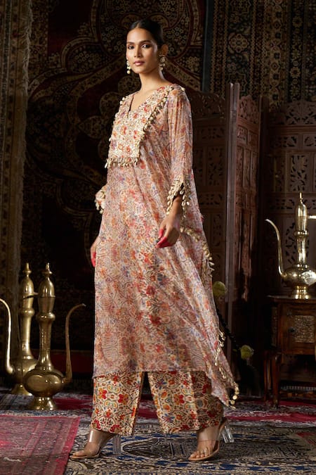 17:17 By Simmi Saboo Beige Liquid Organza Printed Floral V Neck Kaftan Pant Set Online at Aza Fashions 17:17 By Simmi Saboo_Beige Liquid Organza Printed Floral V Neck Kaftan Pant Set _Online_at_Aza_Fashions