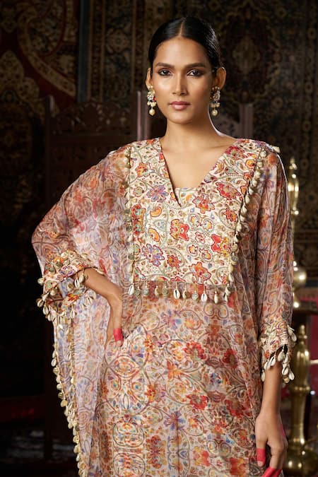 Buy 17:17 By Simmi Saboo Beige Liquid Organza Printed Floral V Neck Kaftan Pant Set Online at Aza Fashions Buy_17:17 By Simmi Saboo_Beige Liquid Organza Printed Floral V Neck Kaftan Pant Set _Online_at_Aza_Fashions