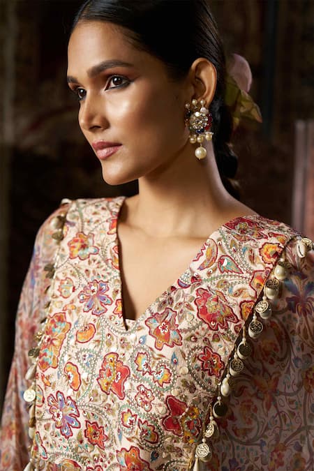 Shop 17:17 By Simmi Saboo Beige Liquid Organza Printed Floral V Neck Kaftan Pant Set Online at Aza Fashions Shop_17:17 By Simmi Saboo_Beige Liquid Organza Printed Floral V Neck Kaftan Pant Set _Online_at_Aza_Fashions