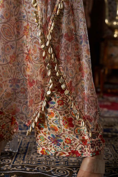 17:17 By Simmi Saboo Beige Liquid Organza Printed Floral V Neck Kaftan Pant Set at Aza Fashions 17:17 By Simmi Saboo_Beige Liquid Organza Printed Floral V Neck Kaftan Pant Set _at_Aza_Fashions