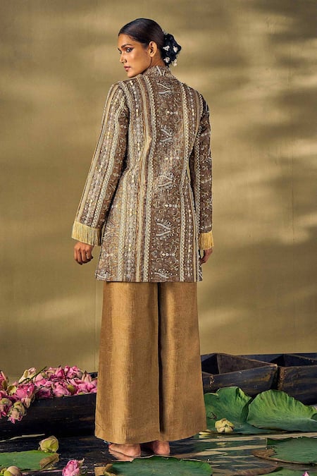 Shop 17:17 By Simmi Saboo Gold Silk Sequins, Pearls, Beads V-neck Floral Embellished Jacket And Pant Set at Aza Fashions Shop_17:17 By Simmi Saboo_Gold Silk Sequins, Pearls, Beads V-neck Floral Embellished Jacket And Pant Set _at_Aza_Fashions