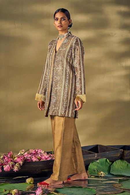 17:17 By Simmi Saboo Gold Silk Sequins, Pearls, Beads V-neck Floral Embellished Jacket And Pant Set Online at Aza Fashions 17:17 By Simmi Saboo_Gold Silk Sequins, Pearls, Beads V-neck Floral Embellished Jacket And Pant Set _Online_at_Aza_Fashions